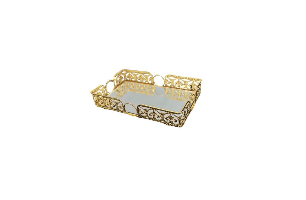 Medium gold rectangle Lucy tray with detailed filigree and glass base – adds charm to console or vanity.