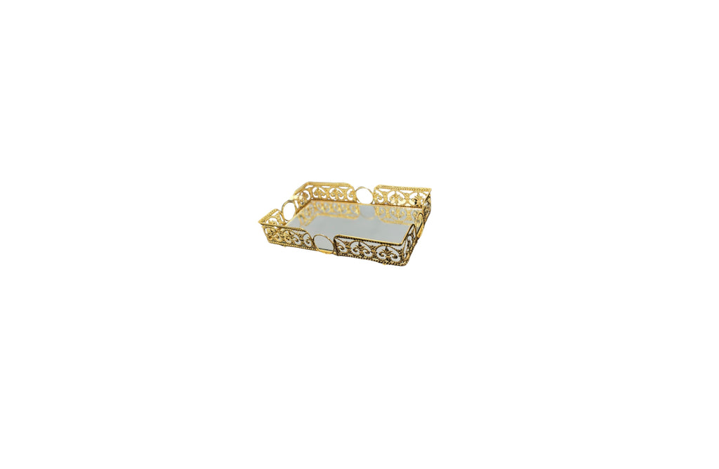 Small gold rectangle Lucy tray with intricate edges and mirrored base – perfect for candles or jewelry.