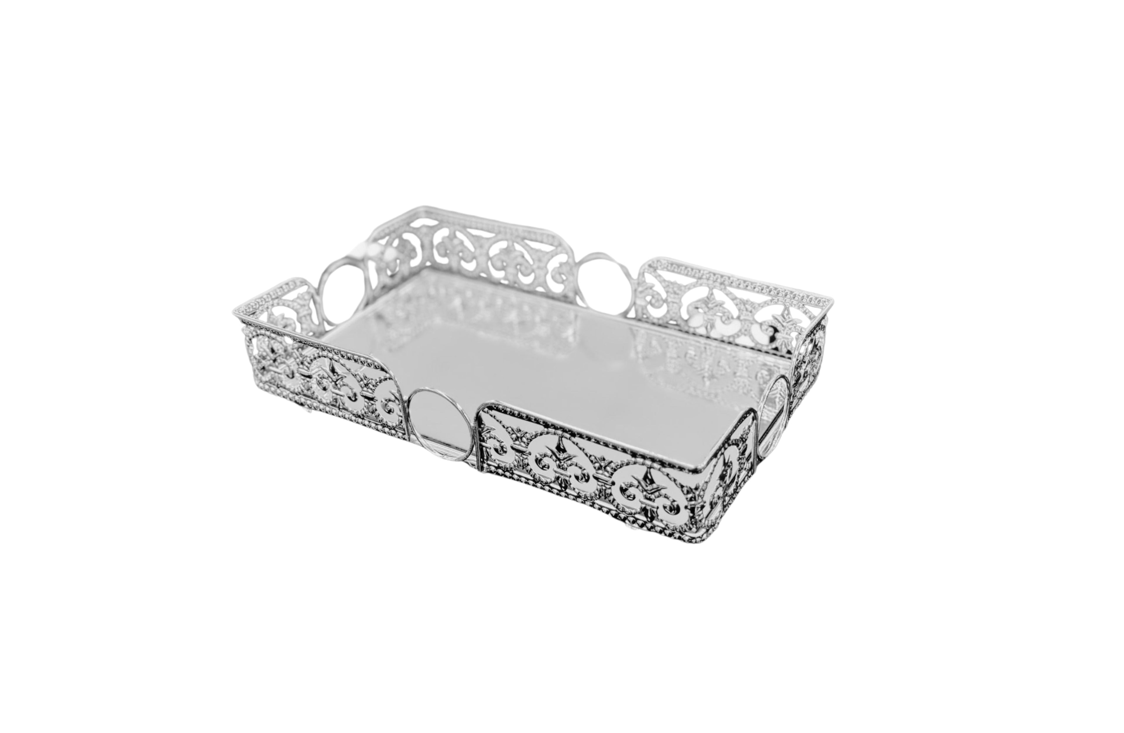  Large silver rectangle Lucy tray with reflective base and vintage-inspired border – elegant and functional.