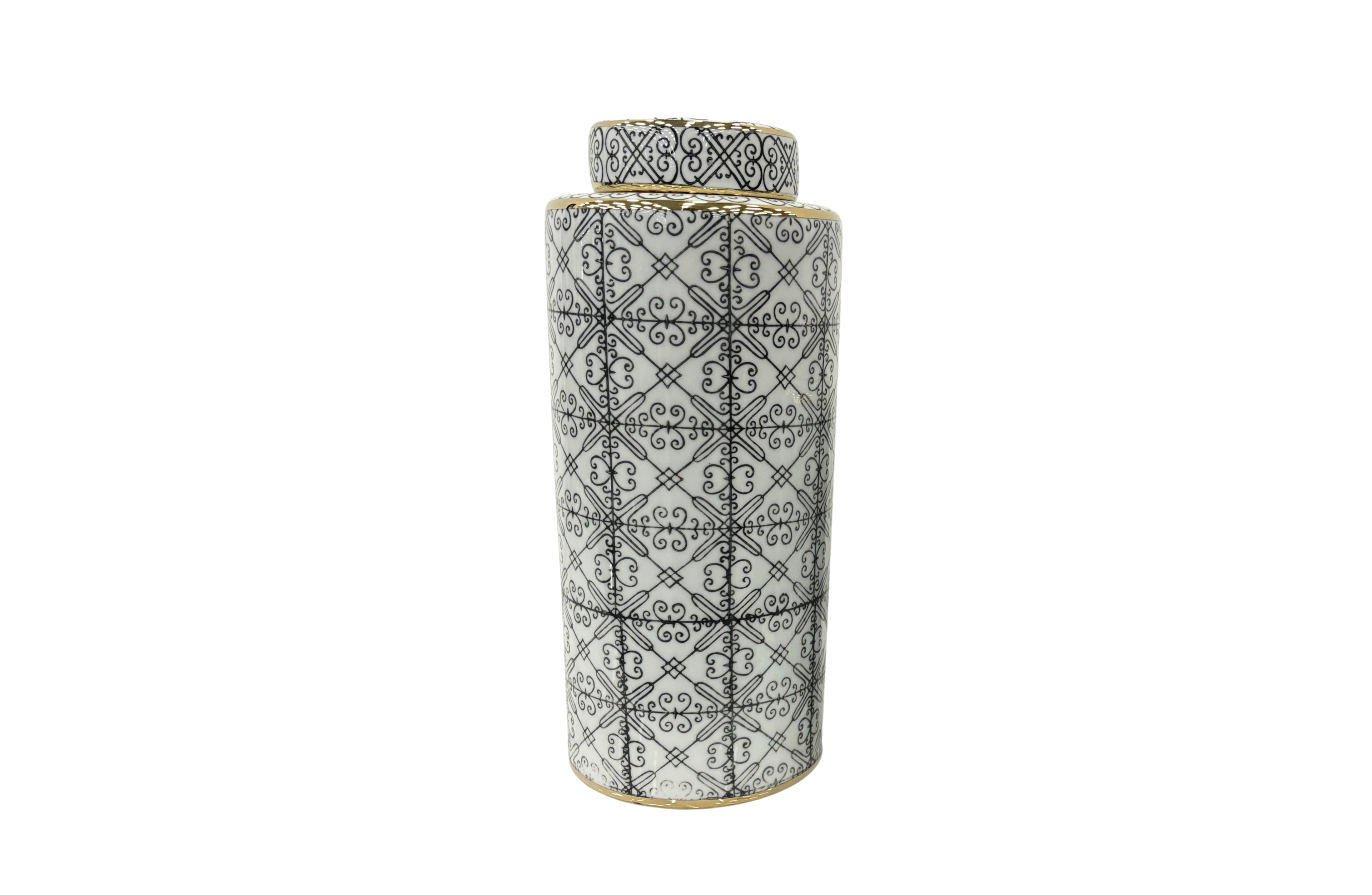 Tall ceramic canister with black patterns and gold trim for elegant home storage.