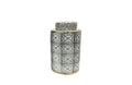 Short ceramic canister with black patterns and gold detailing, perfect for décor accents.