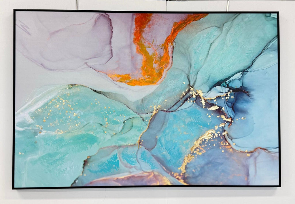 Elegant marble wall art with gold foil accents in a sleek black frame.