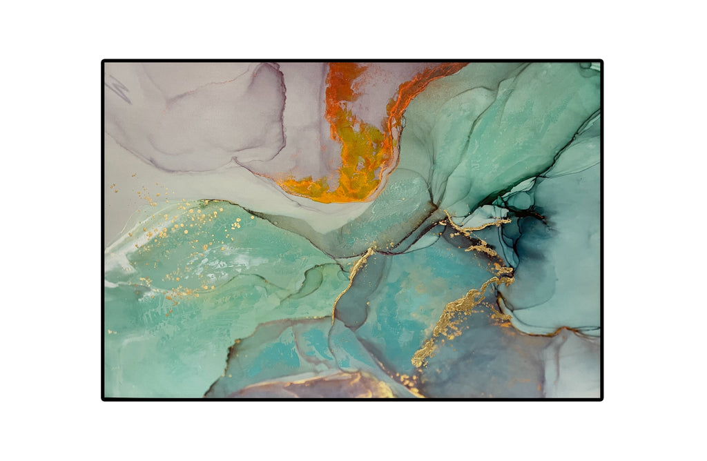 Abstract marble wall art with blue, green, and gold foil on white backdrop.