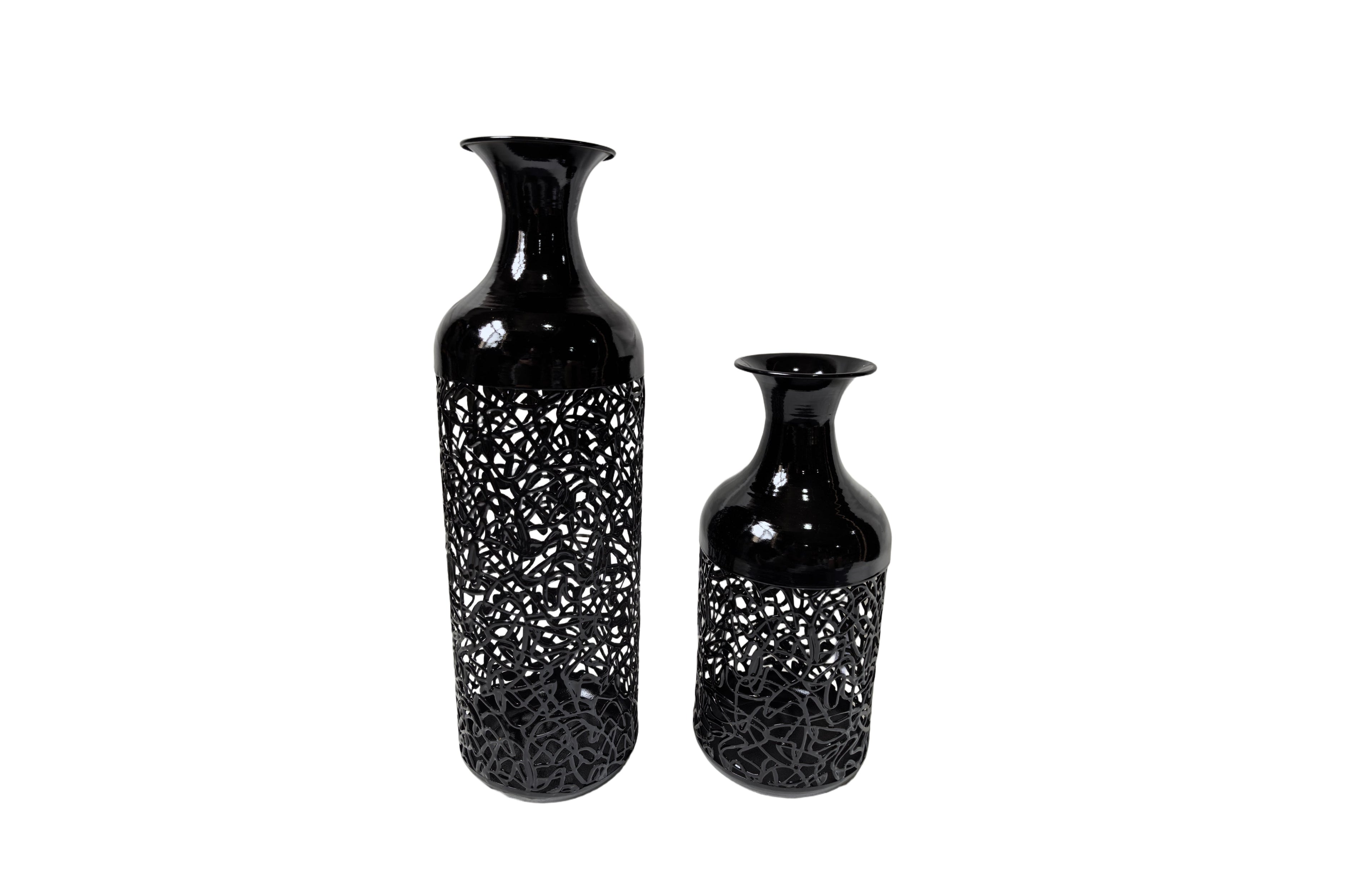 Stylish black Maya vase set with intricate cutout design for contemporary home décor.