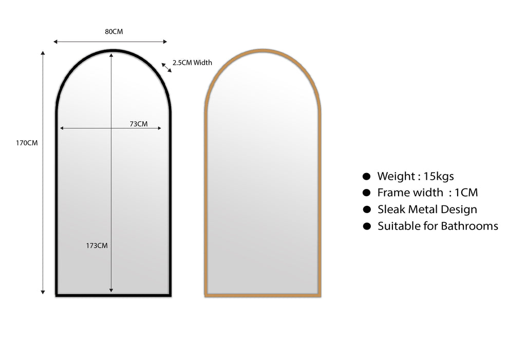 Medium size metal arch mirrors 170cm x 80cm with black and gold slim frames