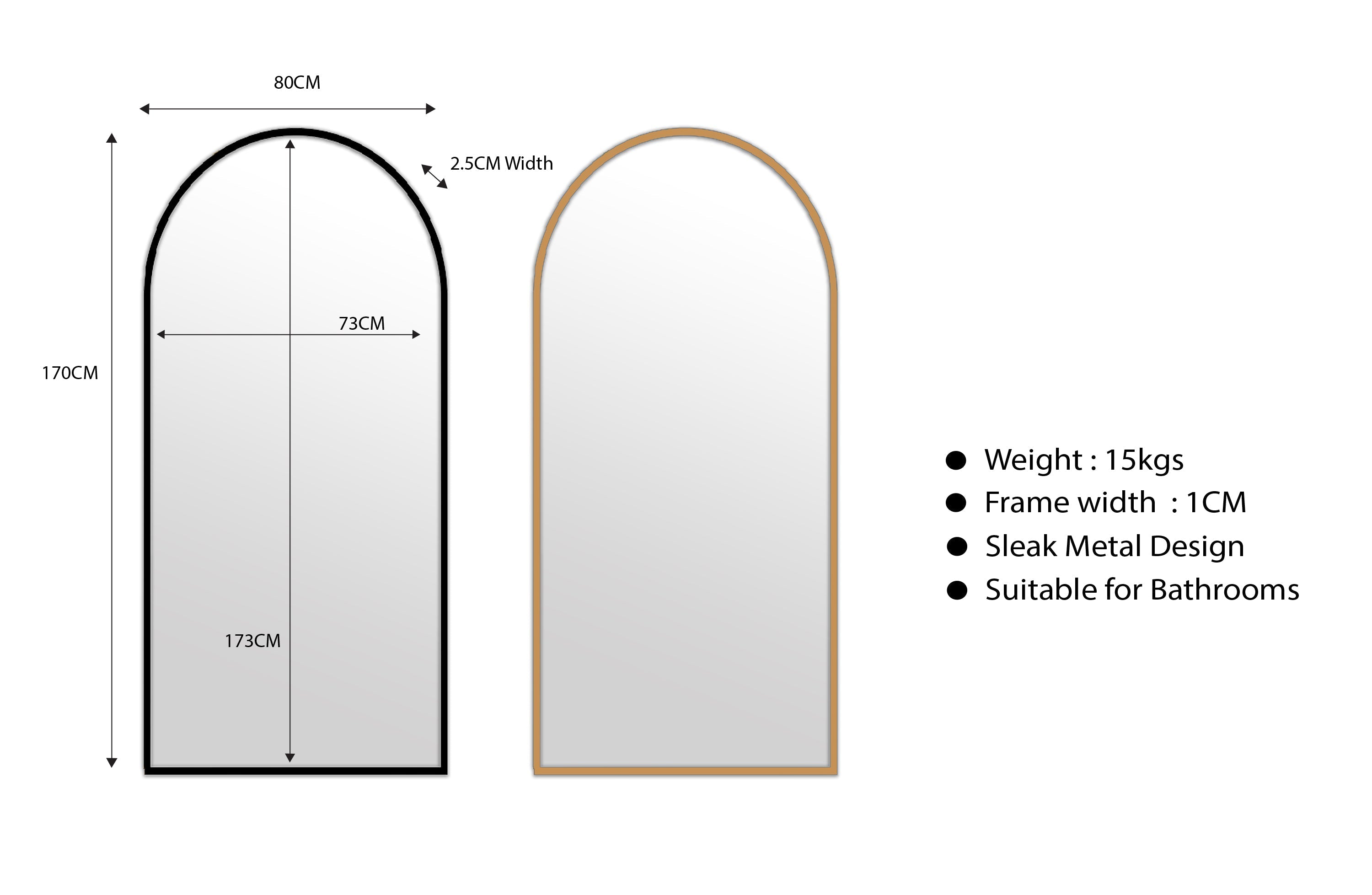 Medium size metal arch mirrors 170cm x 80cm with black and gold slim frames