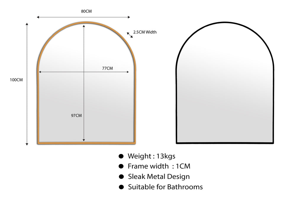 Small metal arch mirrors 100cm x 80cm, available in black and gold aluminum frames