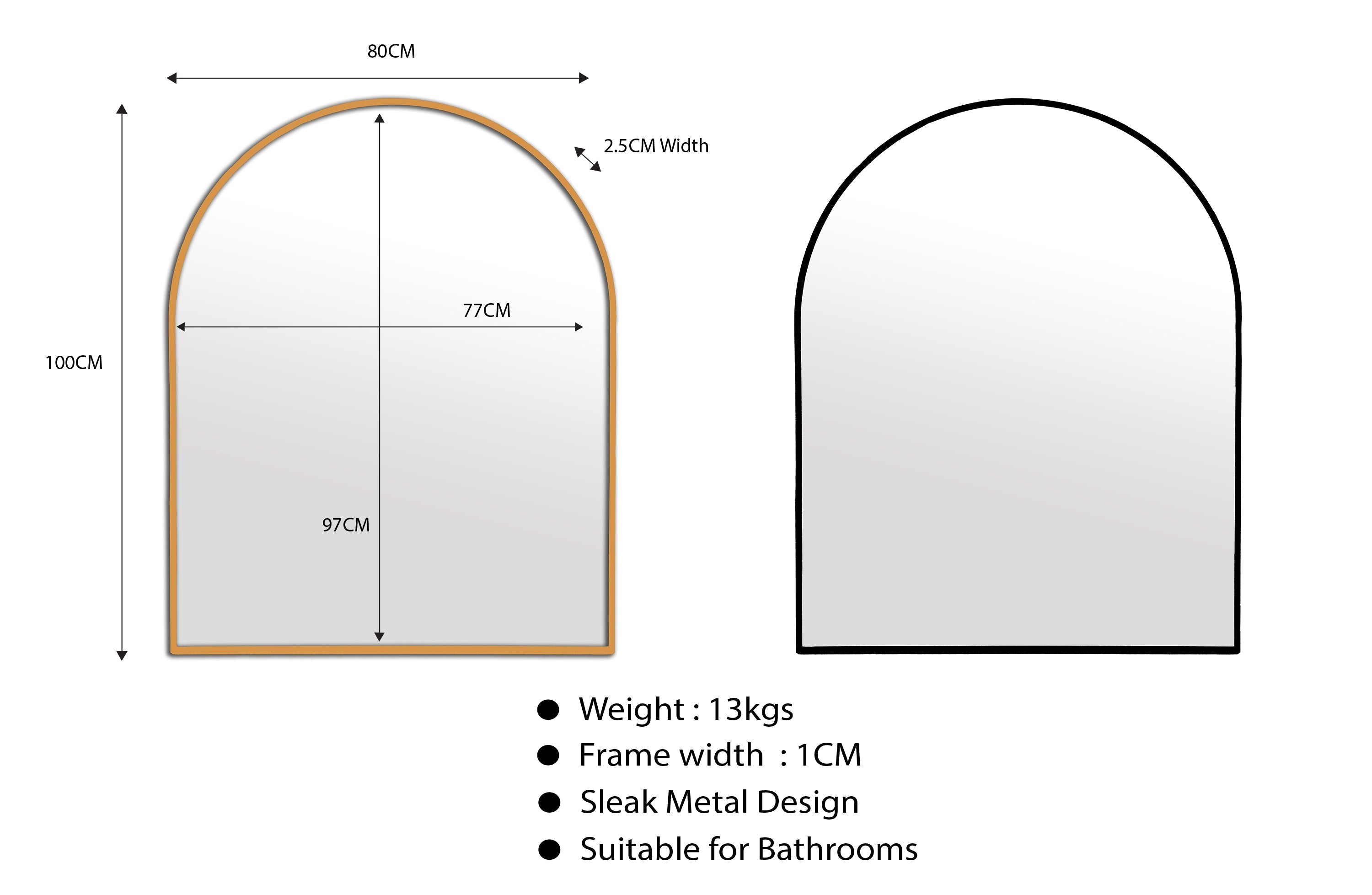 Small metal arch mirrors 100cm x 80cm, available in black and gold aluminum frames