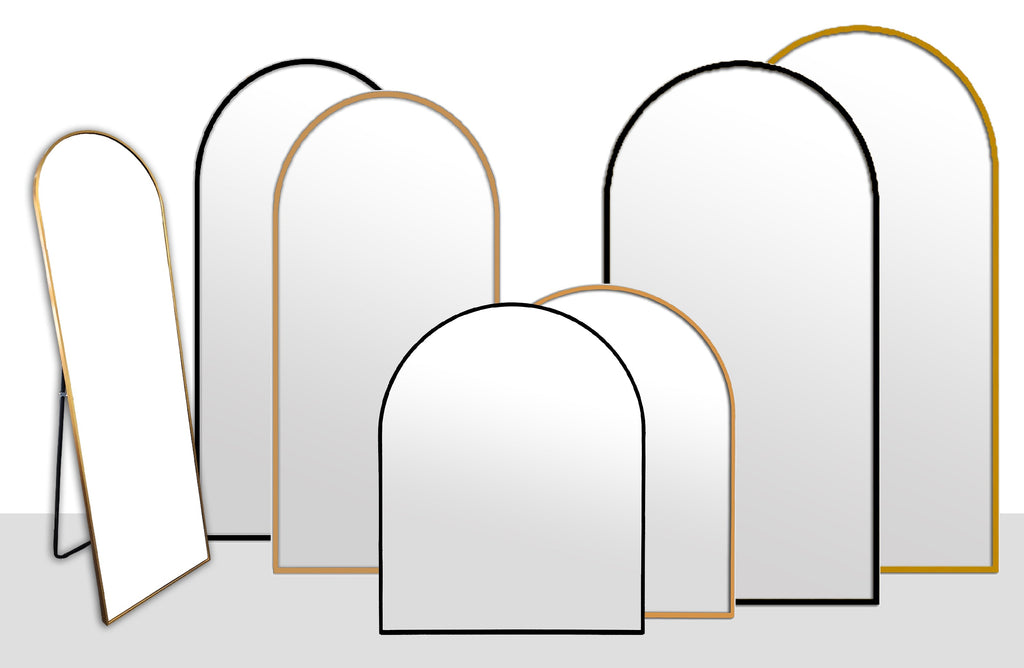 Collection of metal arch mirrors in black and gold frames, various sizes