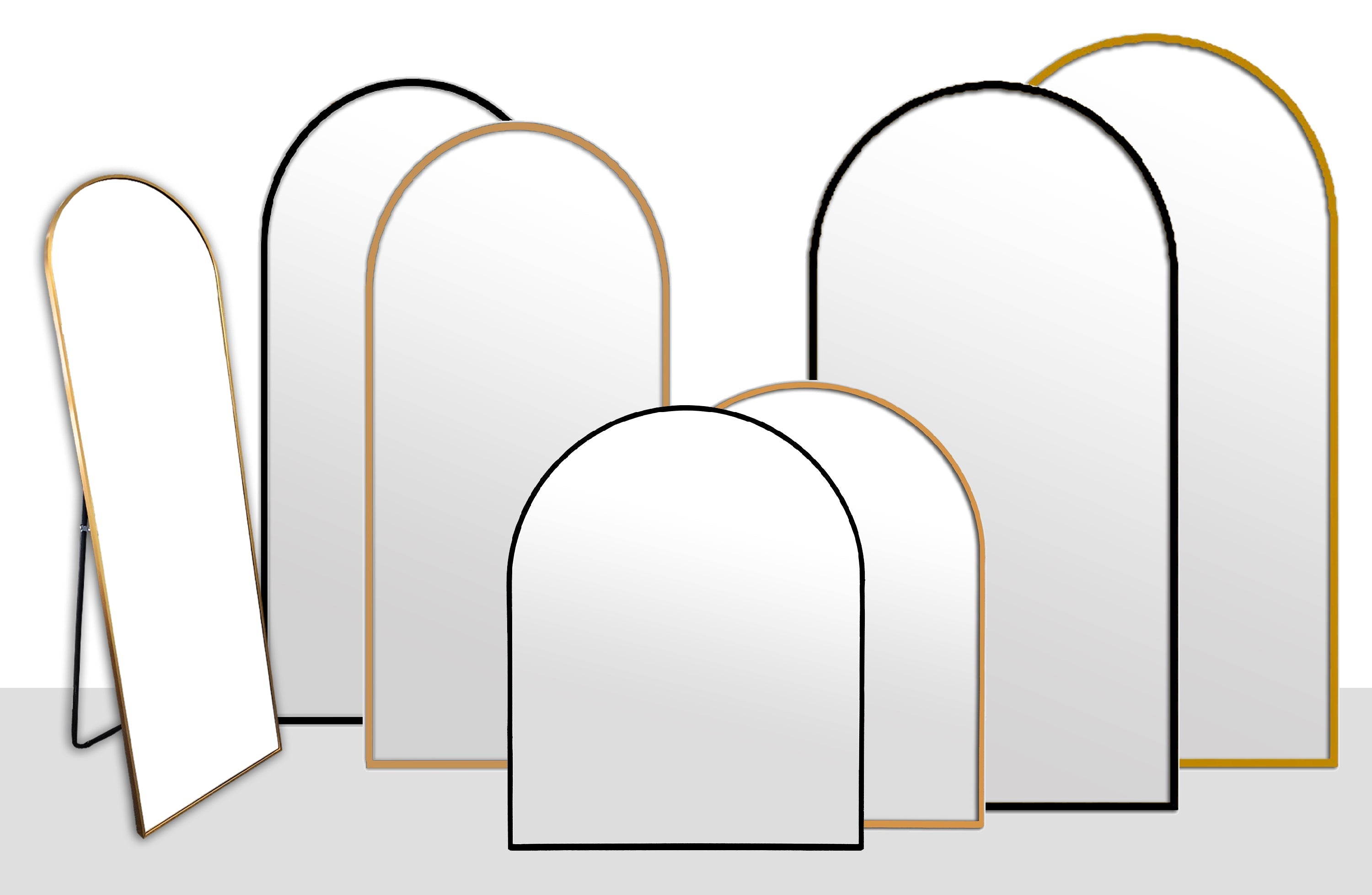 Collection of metal arch mirrors in black and gold frames, various sizes