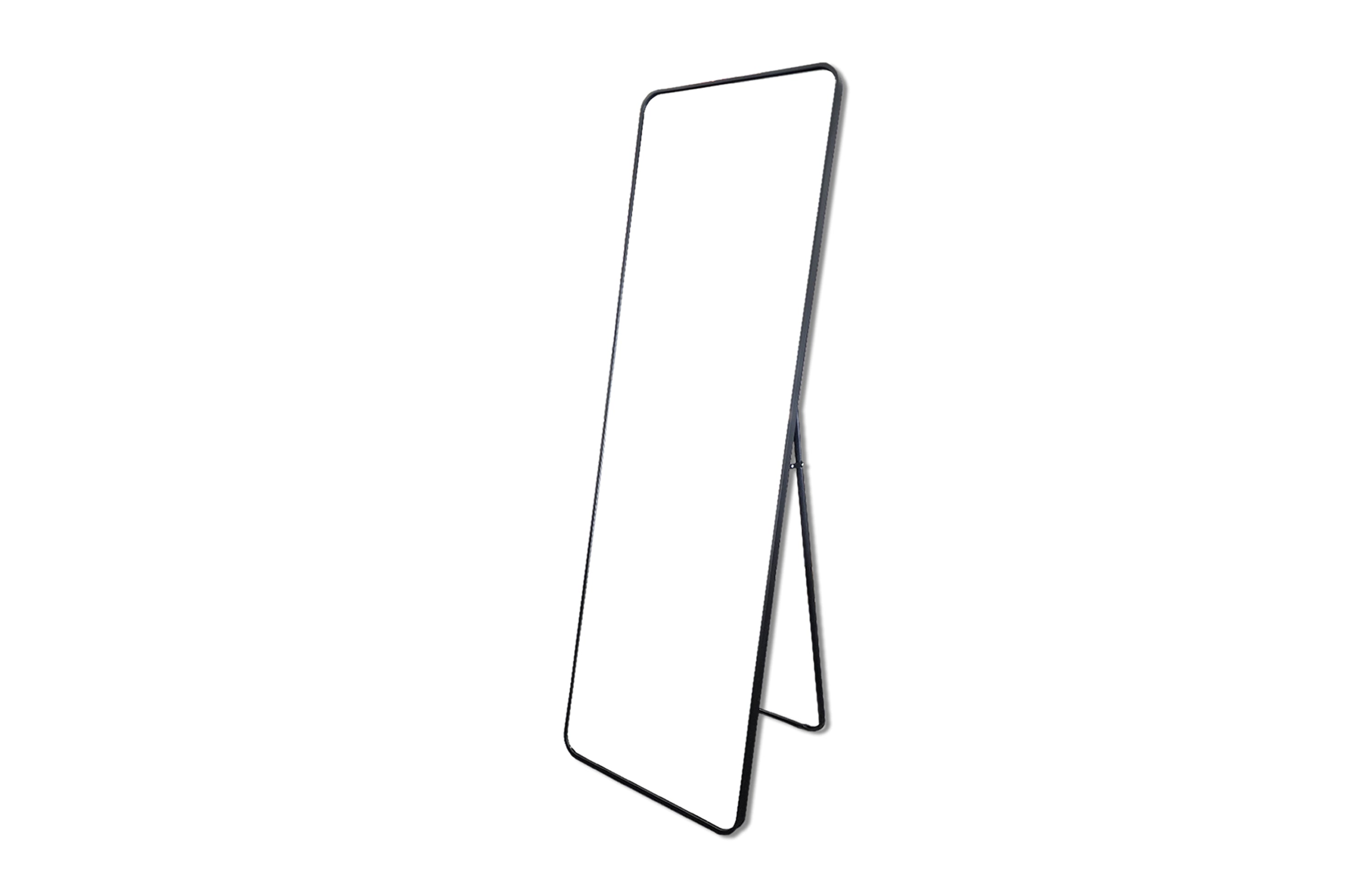 Product view of free standing black metal rectangle mirror with minimal frame and angled support.