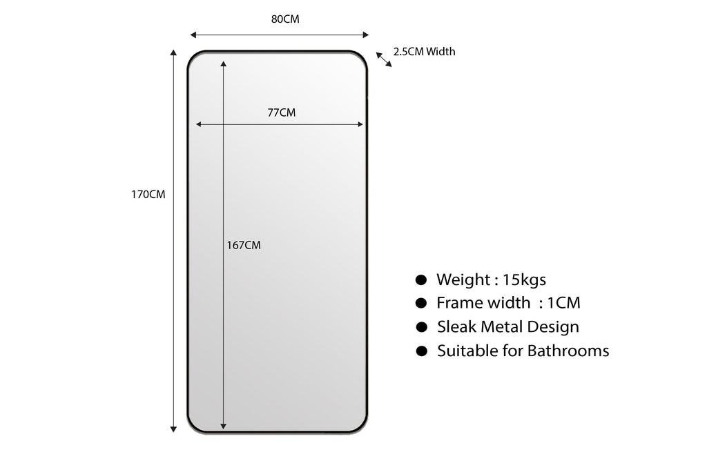 Technical drawing with dimensions for medium black metal rectangle mirror, 80x170cm size.