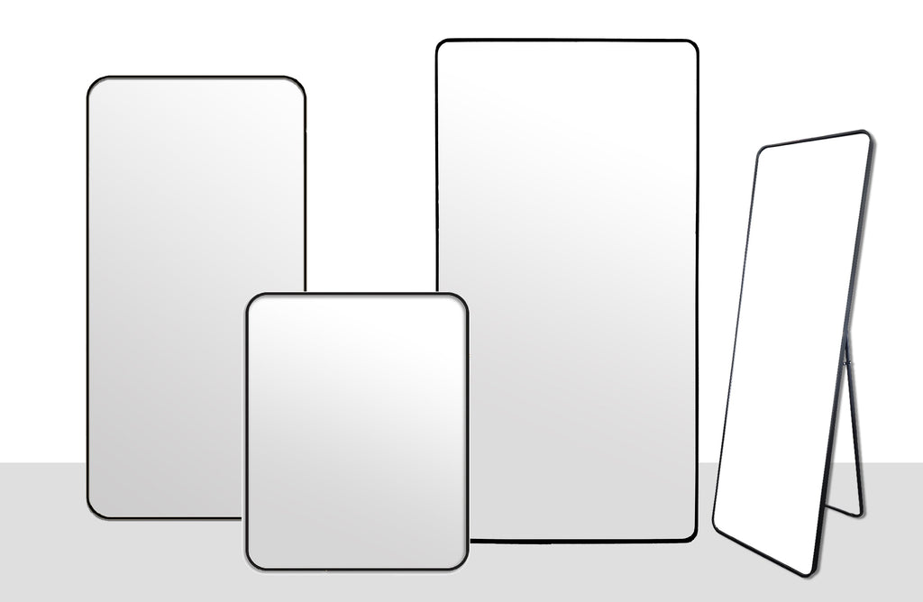 Sleek black metal rectangle mirrors collection in multiple sizes including free standing option.