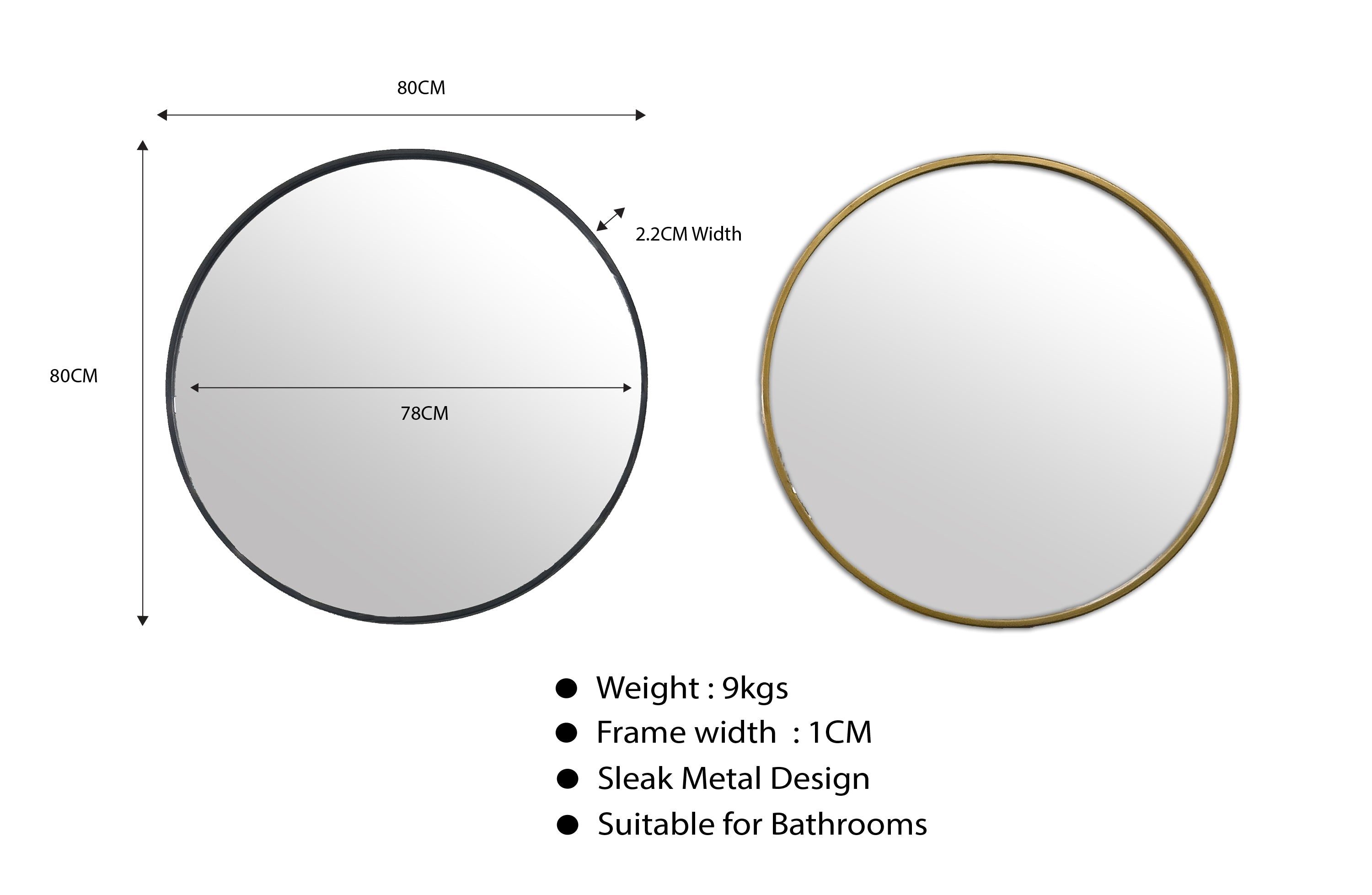 Small round mirror with black and gold frame options, 80cm size with measurements