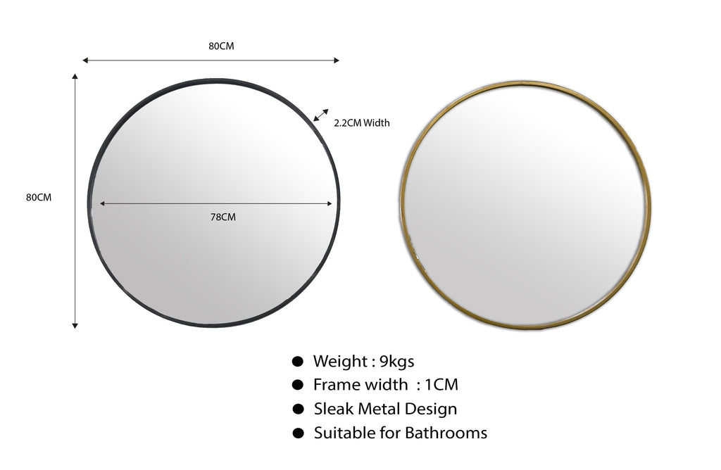 Small round mirror with black and gold frame options, 80cm size with measurements