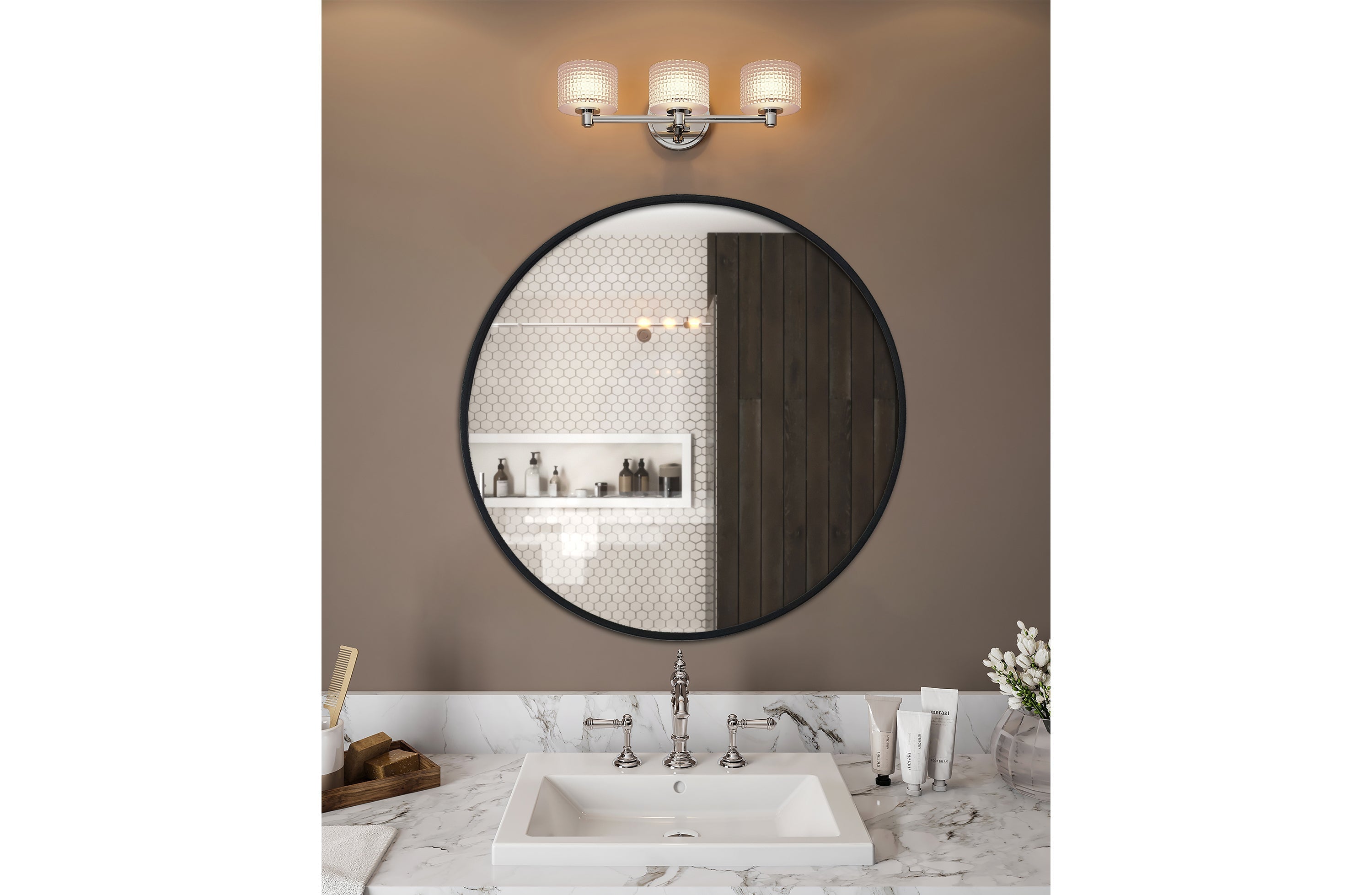 Sleek black round mirror styled above vanity with white basin and wall lights
