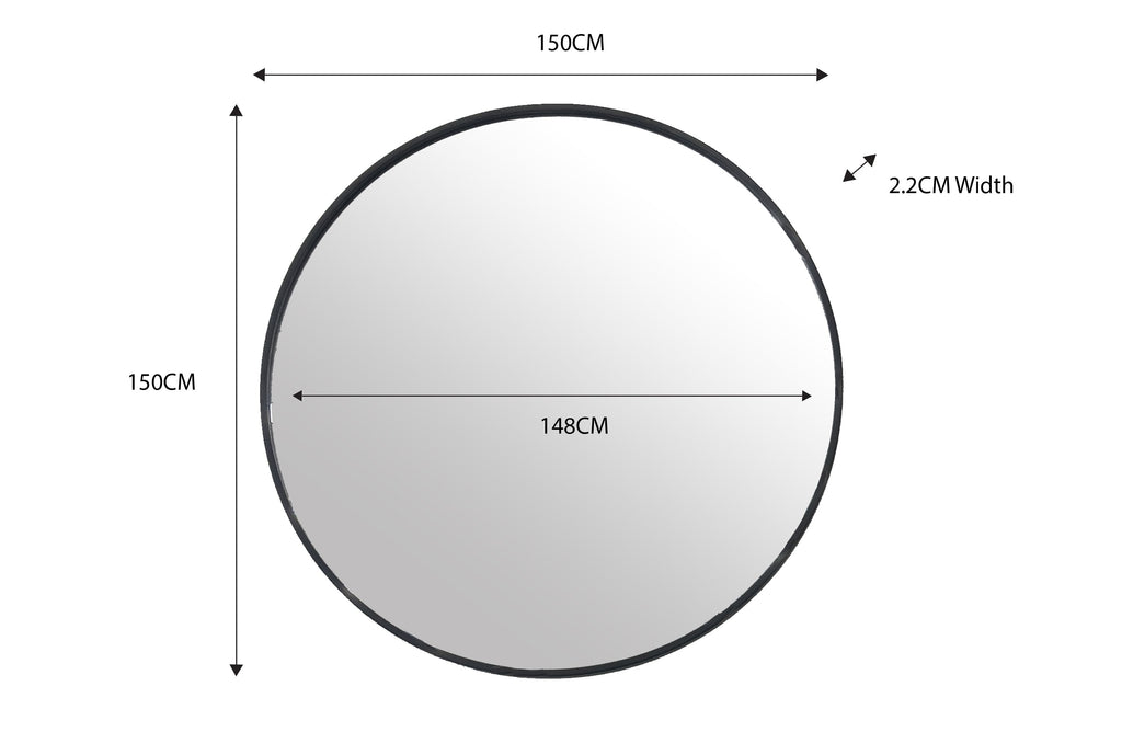 Oversized 150cm round wall mirror with slim black frame and minimal design