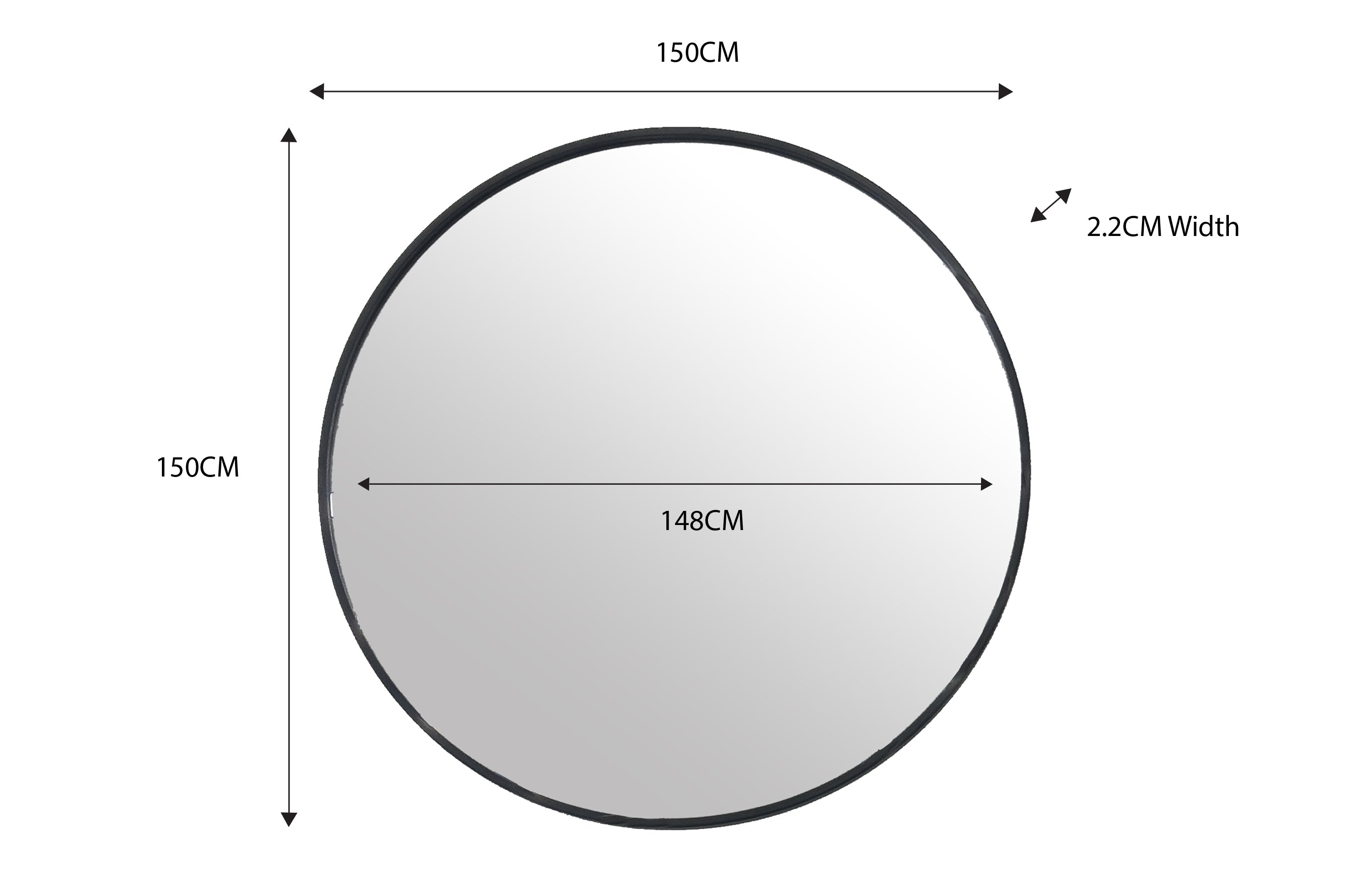 Oversized 150cm round wall mirror with slim black frame and minimal design