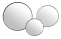 Modern metal round mirrors in black and gold frames, styled in three sizes