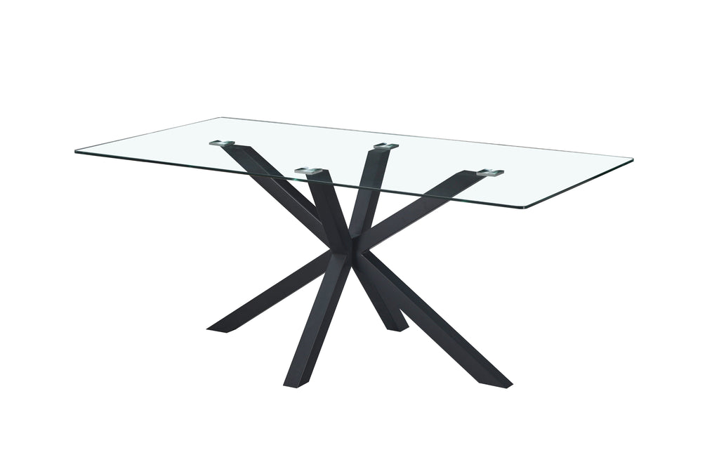 Miles dining table with black metal frame and clear tempered glass top.