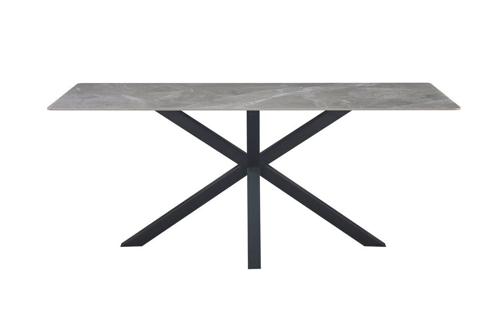 Miles dining table with black frame and modern grey marble top.