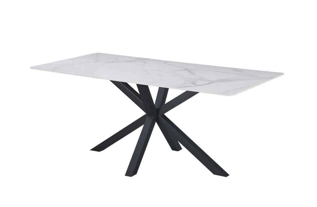 Miles dining table with black frame and striking white marble top.