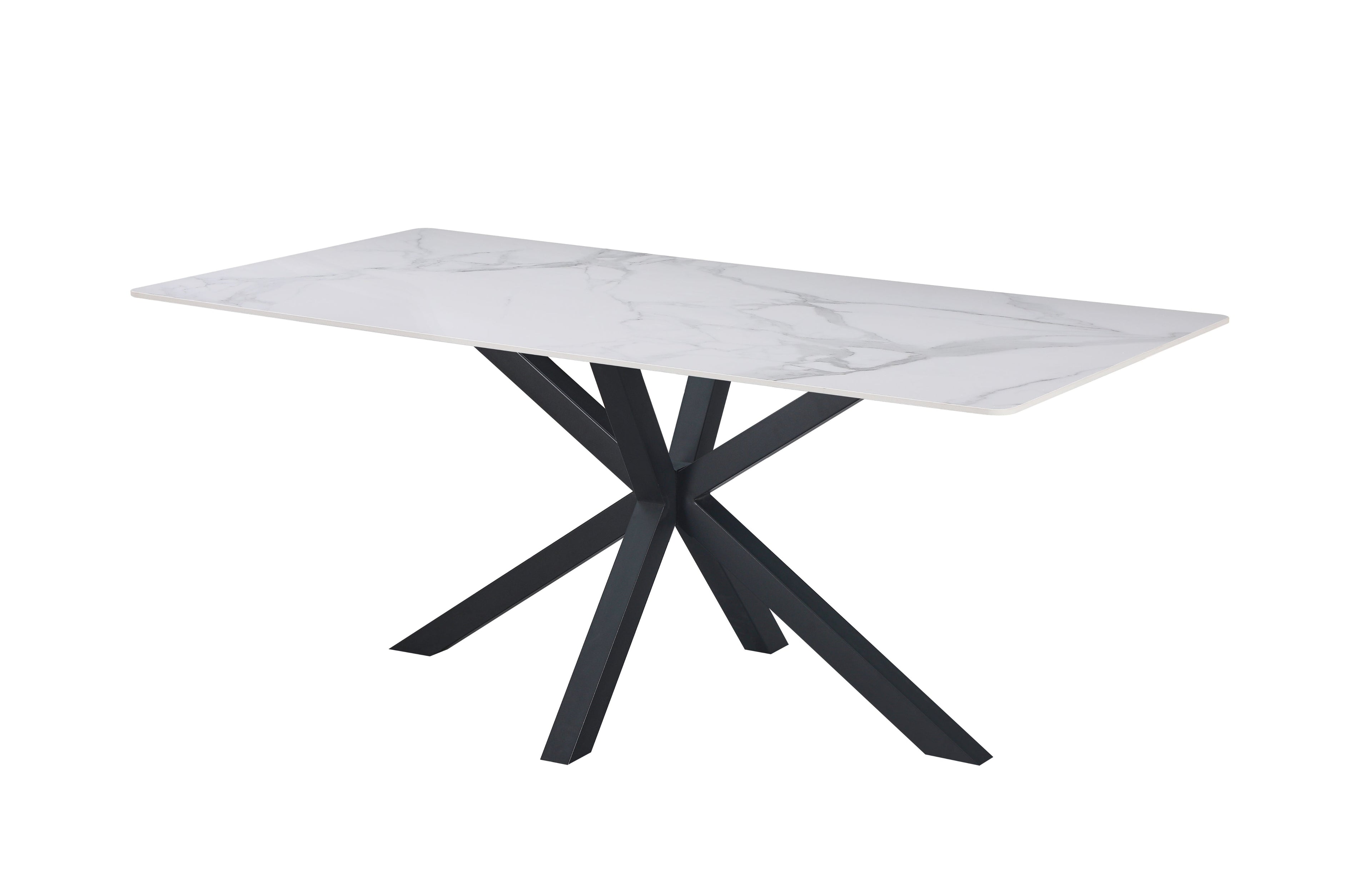 Miles dining table with black frame and striking white marble top.