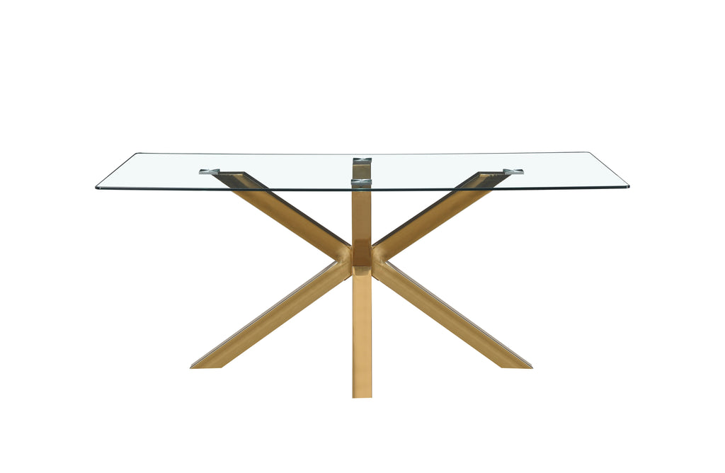 Miles dining table with polished gold frame and clear tempered glass top.