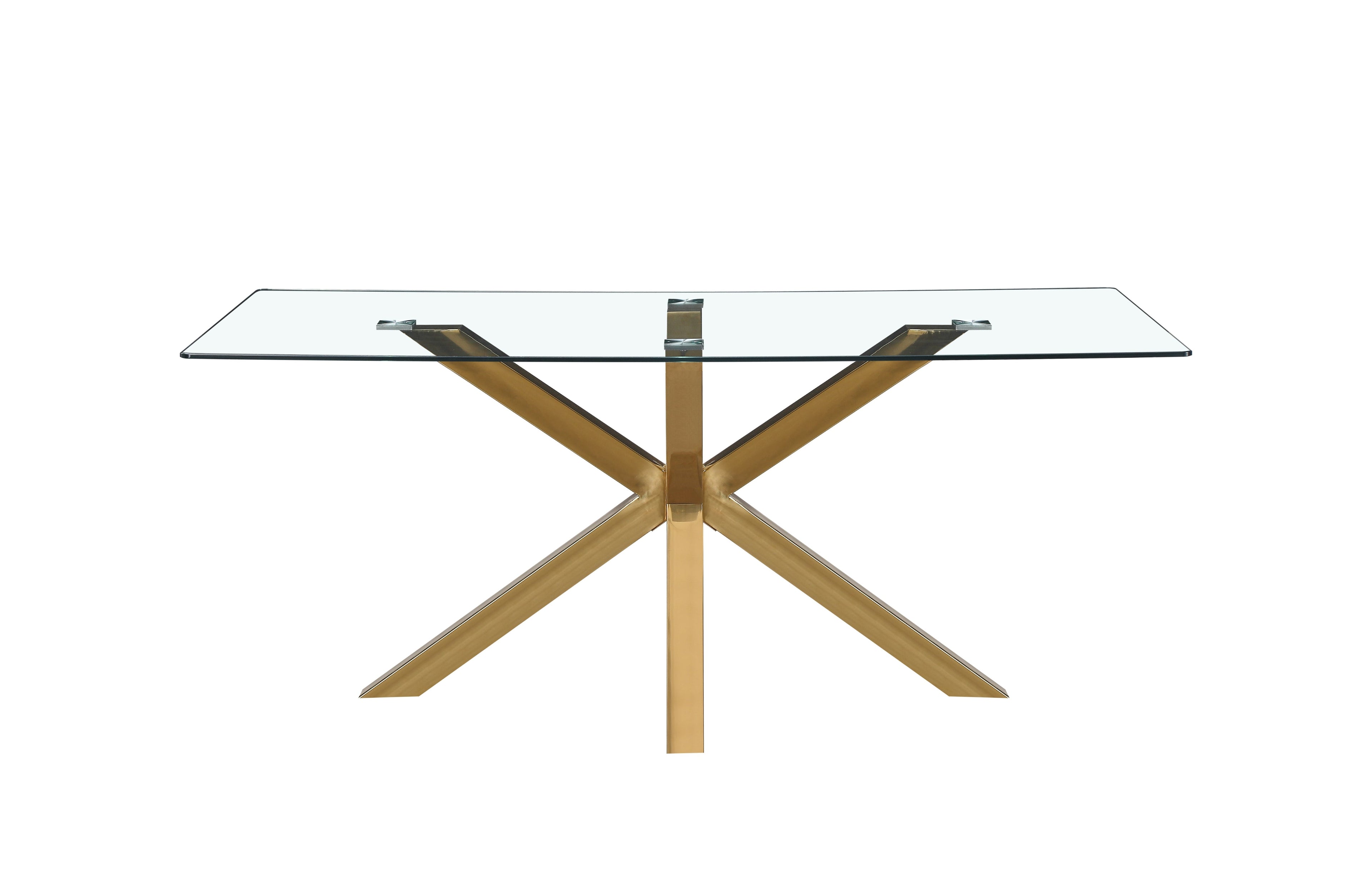 Miles dining table with polished gold frame and clear tempered glass top.