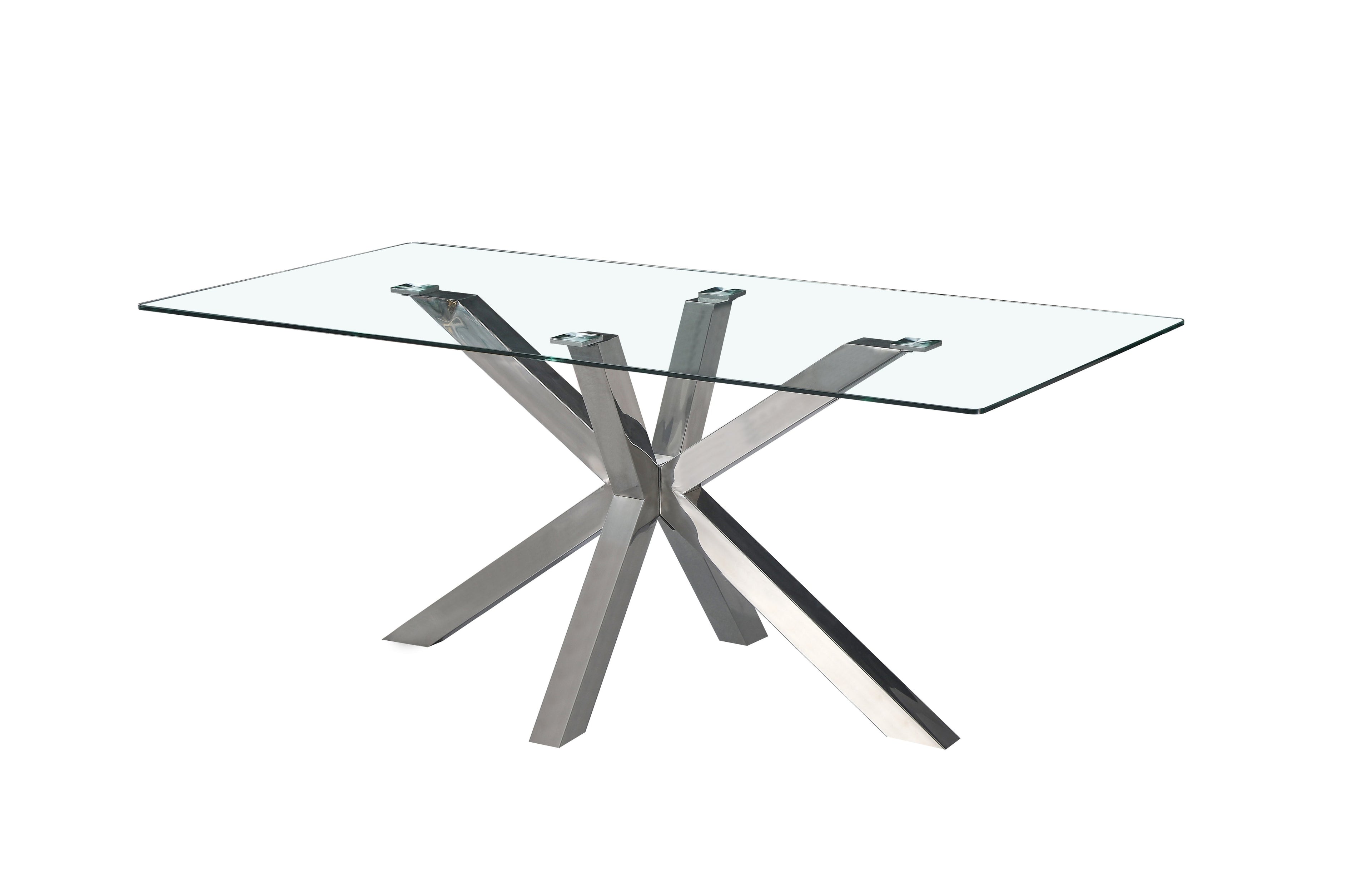 Miles dining table with polished silver frame and clear tempered glass top.