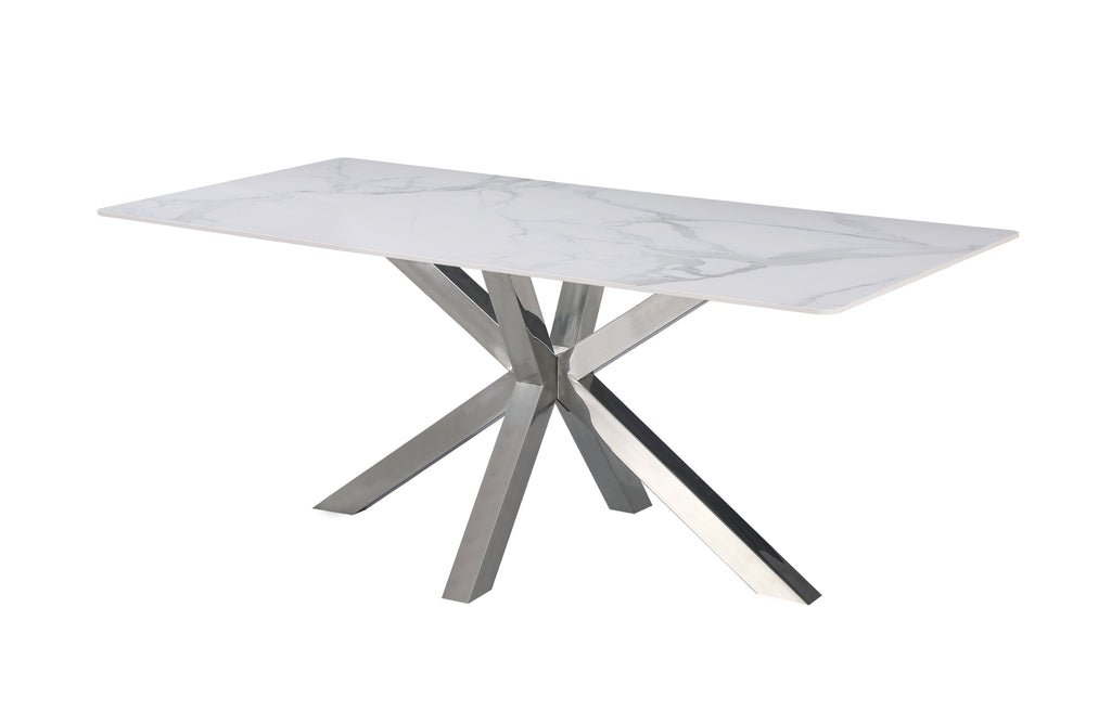 Miles dining table with silver frame and classic white marble top.