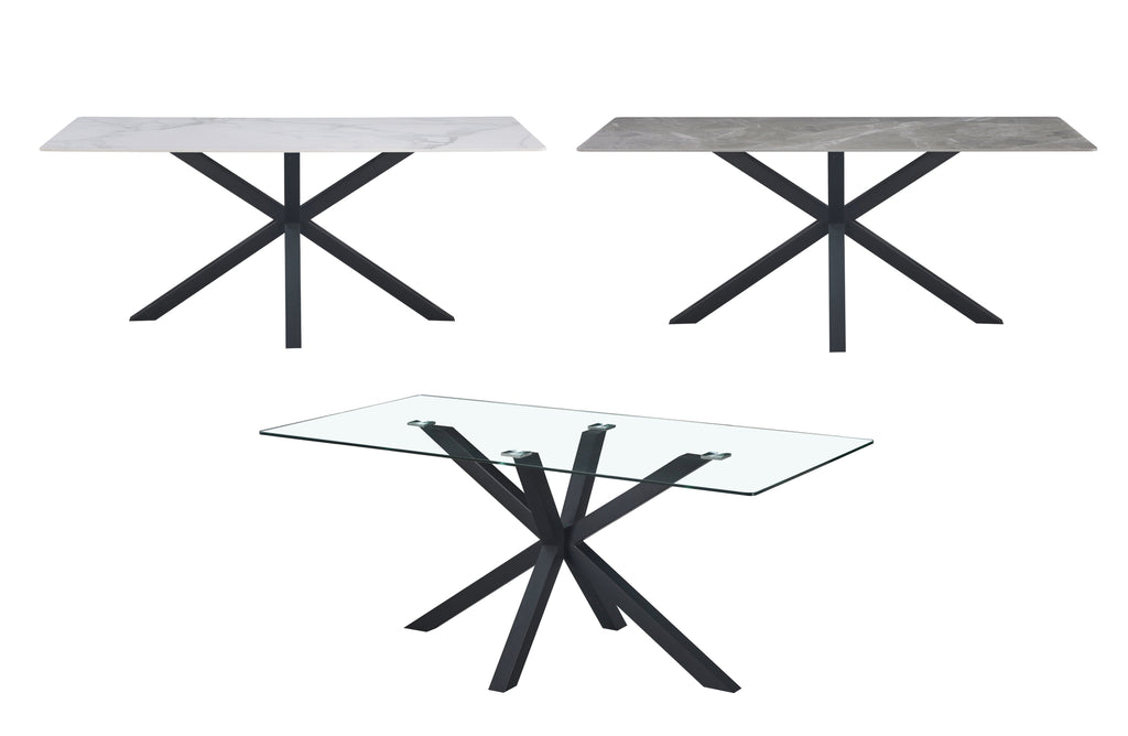 Miles rectangle dining table with black frame, available with glass, white marble, or grey marble top.