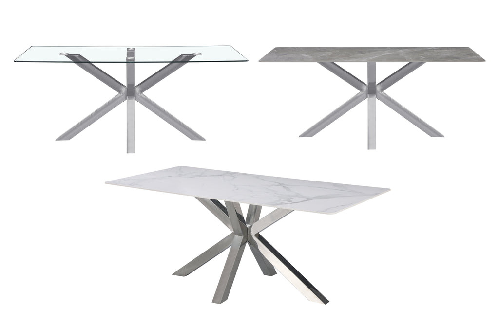 Miles rectangle dining table with silver frame, available with glass, white marble, or grey marble top.