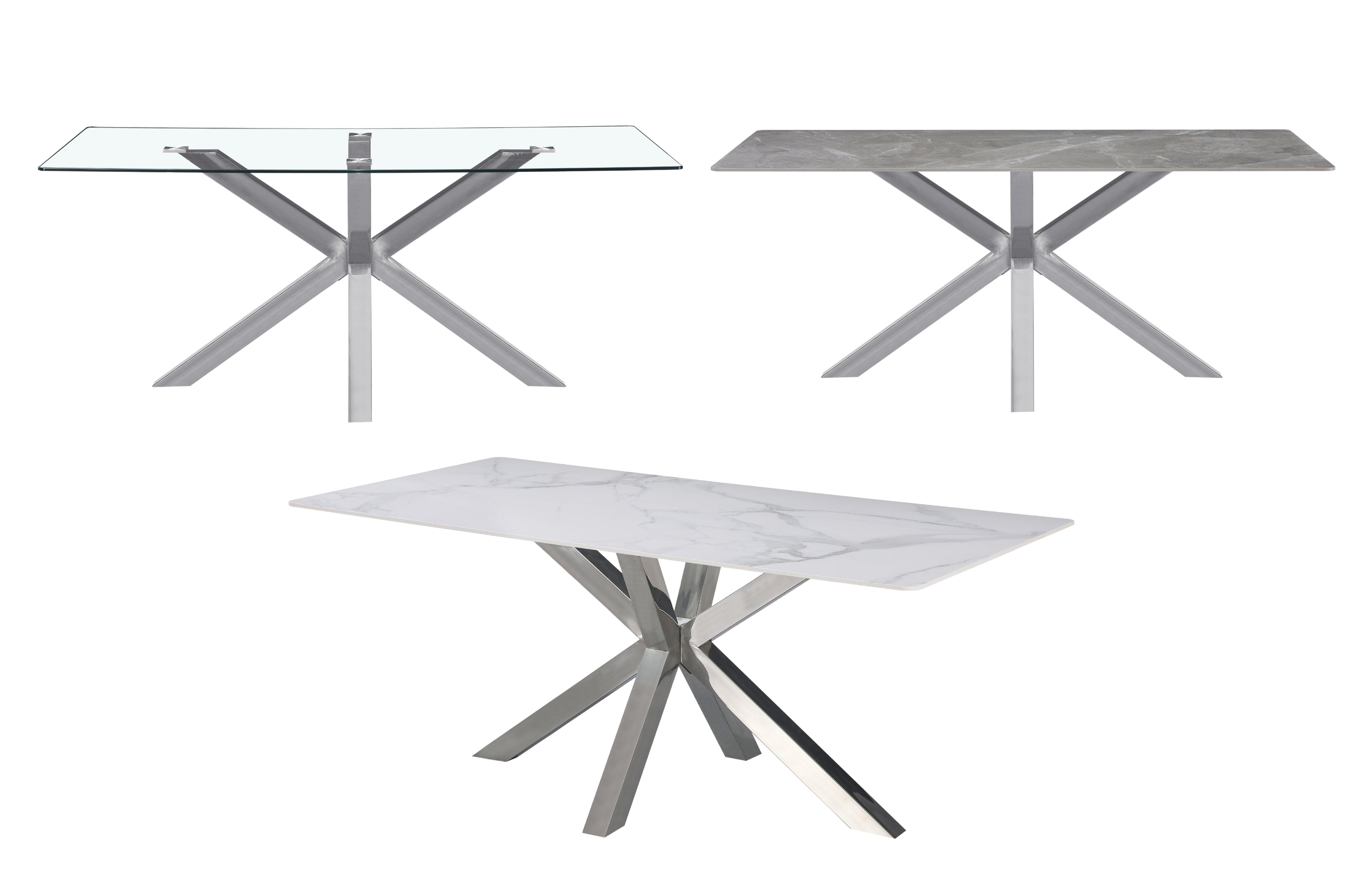 Miles rectangle dining table with silver frame, available with glass, white marble, or grey marble top.