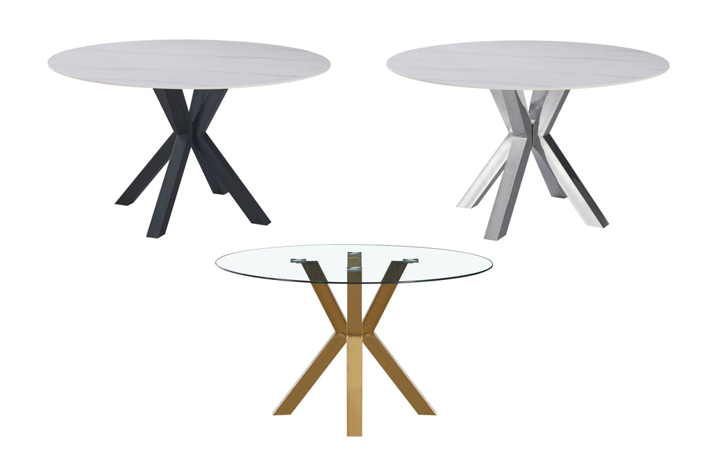Miles round dining table available with black, silver, or gold frame and marble or glass top options.