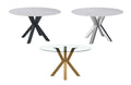 Miles round dining table available with black, silver, or gold frame and marble or glass top options.