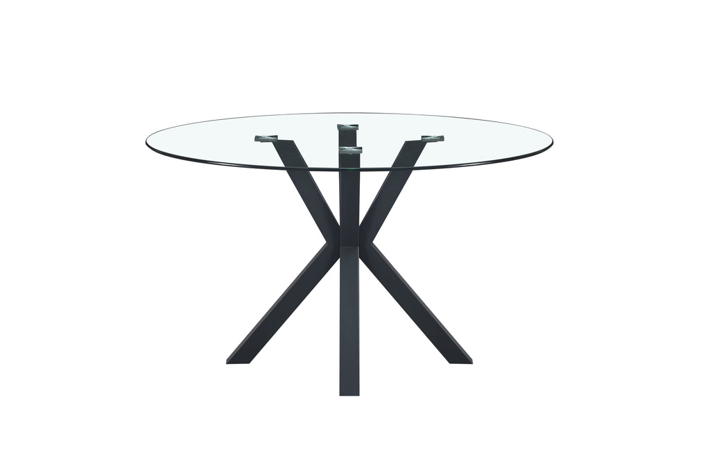 Miles round dining table with black metal frame and clear tempered glass top, modern and elegant style.