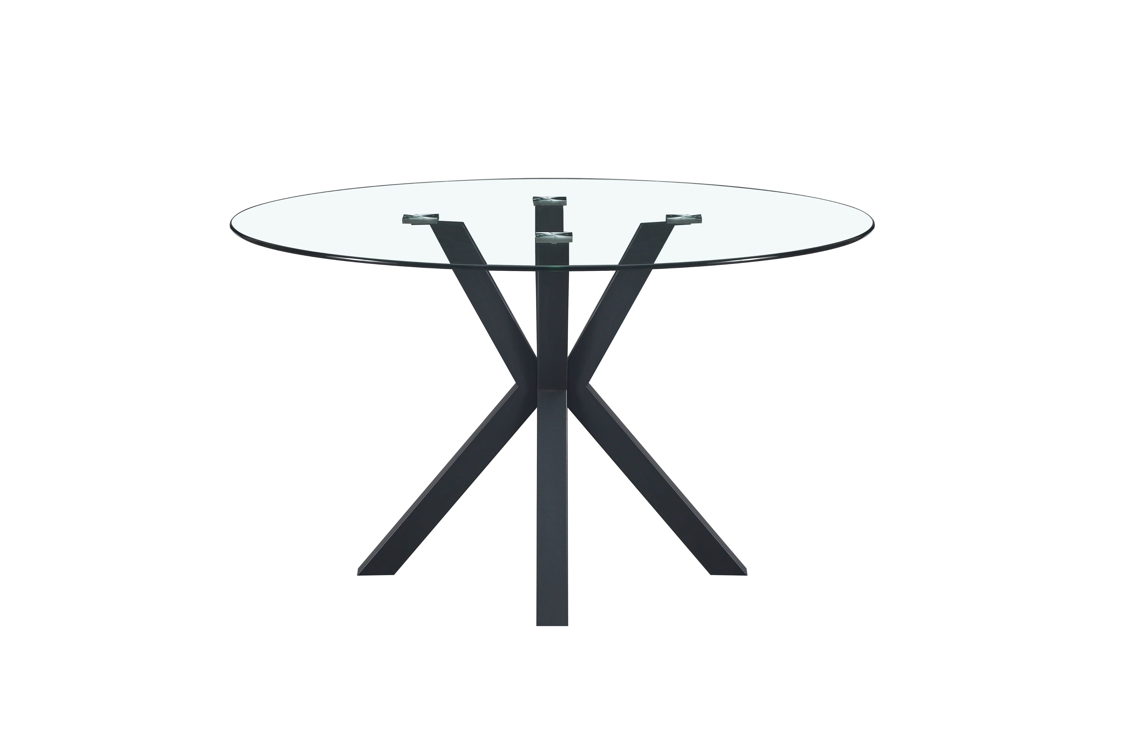 Miles round dining table with black metal frame and clear tempered glass top, modern and elegant style.