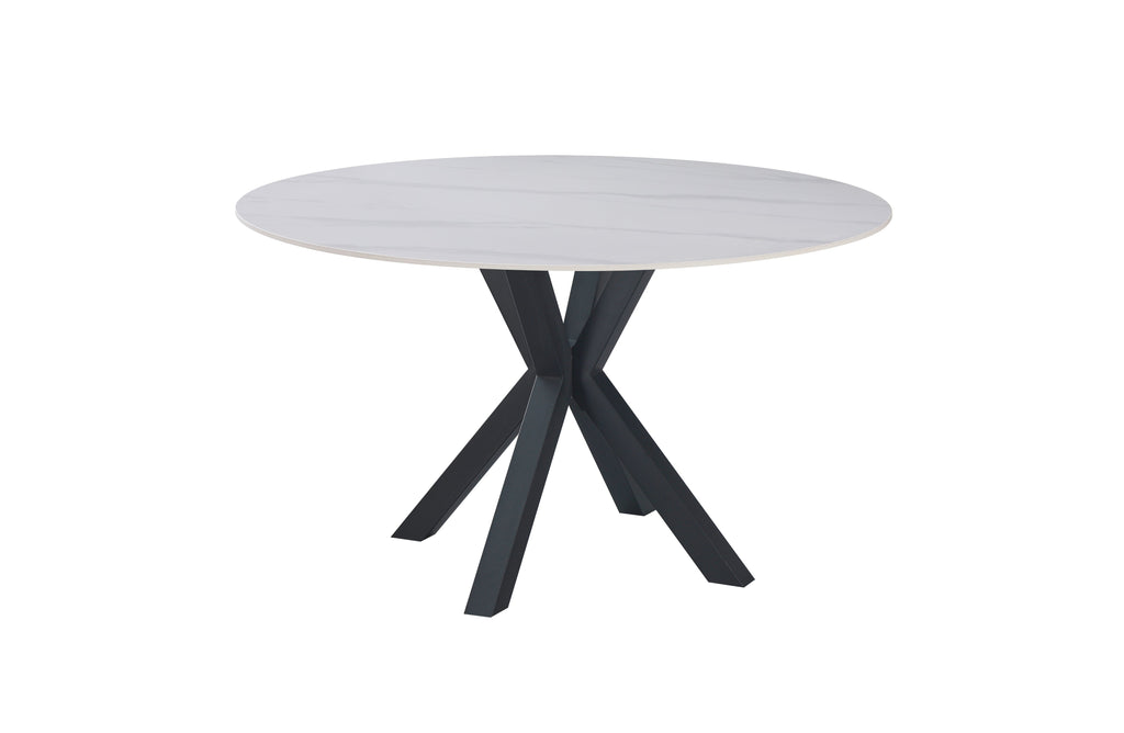 Miles round dining table with black frame and white marble top, minimal modern design.