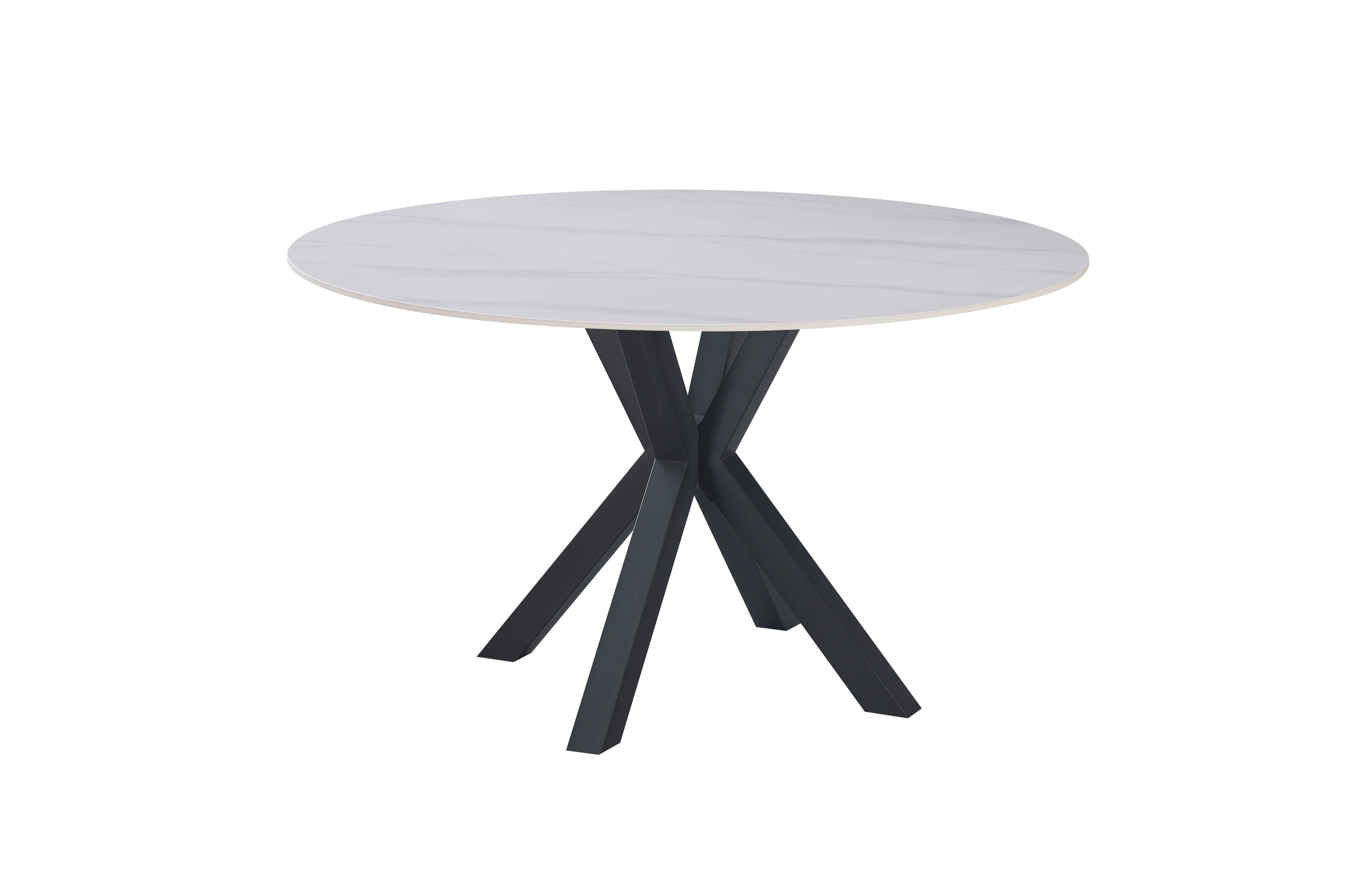 Miles round dining table with black frame and white marble top, minimal modern design.