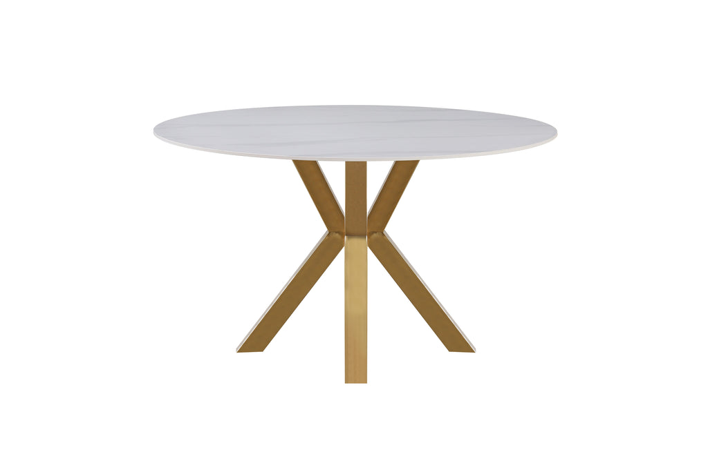 Miles round dining table with gold frame and white marble top, stylish and modern.