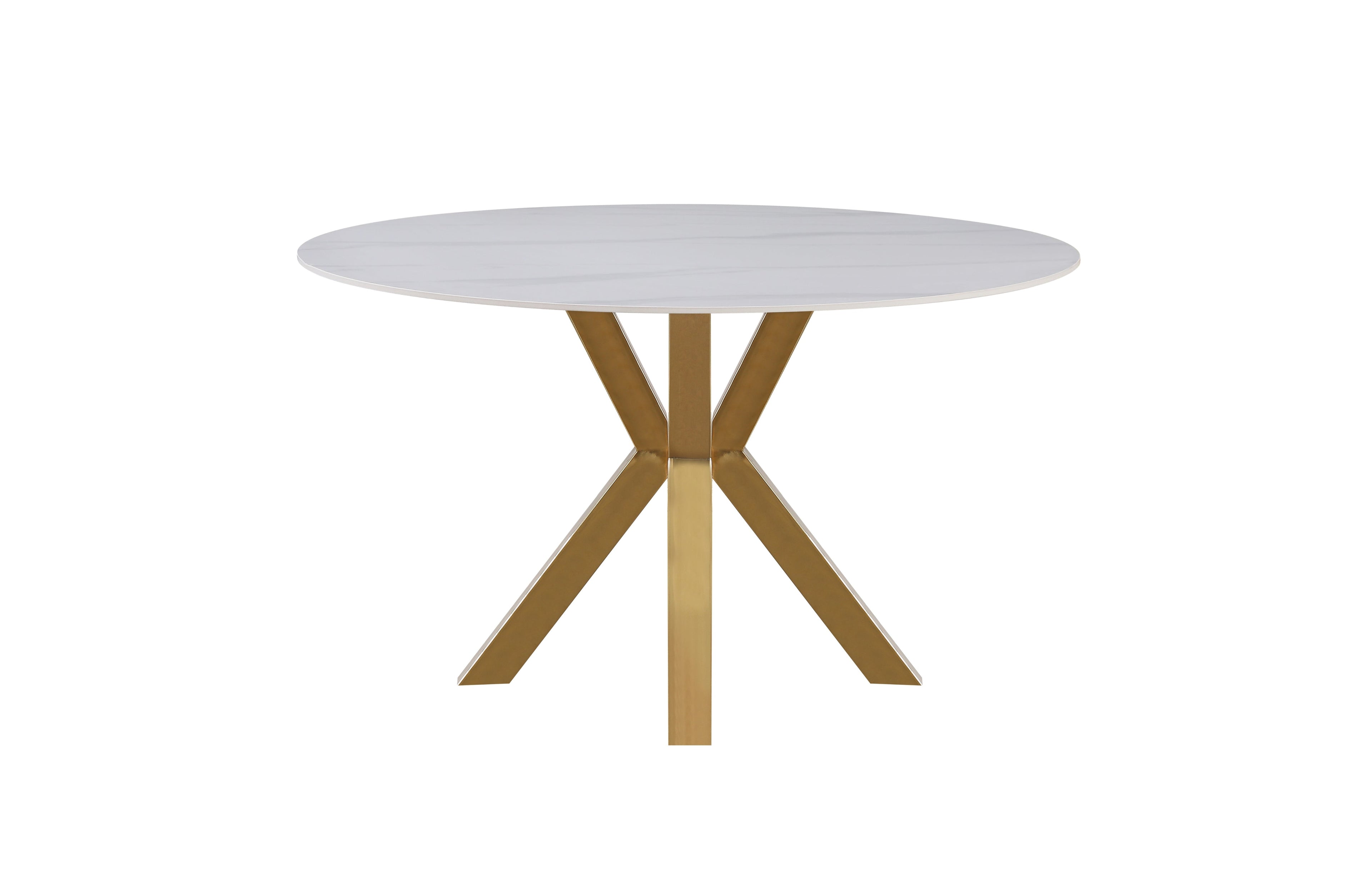 Miles round dining table with gold frame and white marble top, stylish and modern.