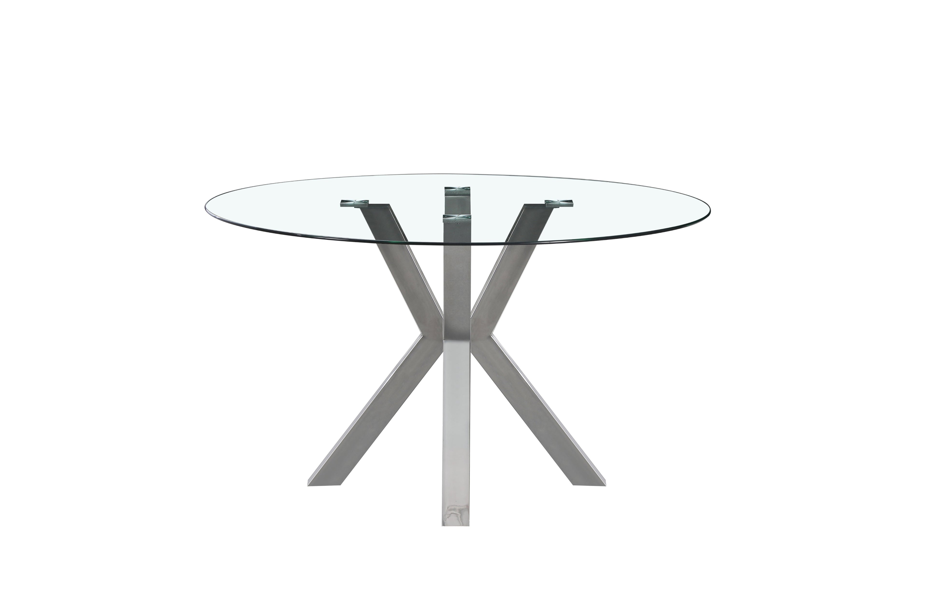 Miles round dining table with silver stainless frame and clear tempered glass top, modern design.