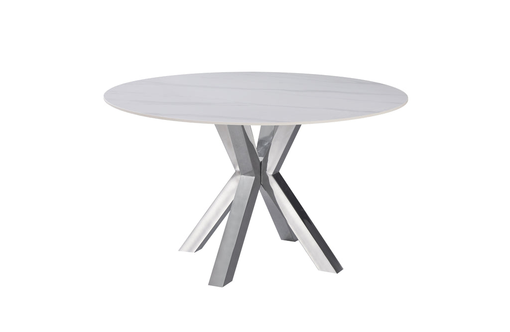 Miles round dining table with silver polished frame and white marble top, elegant and contemporary.