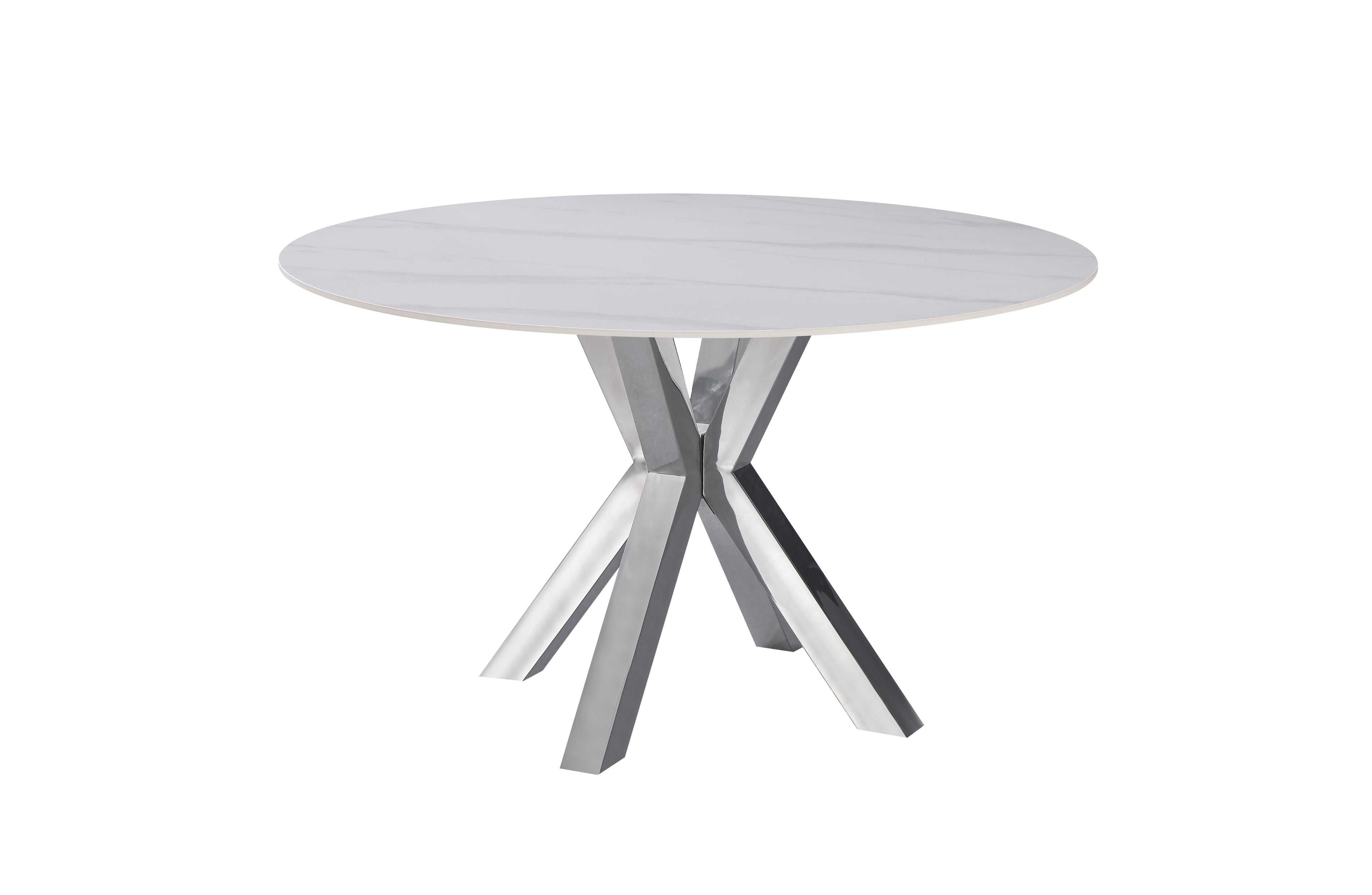 Miles round dining table with silver polished frame and white marble top, elegant and contemporary.