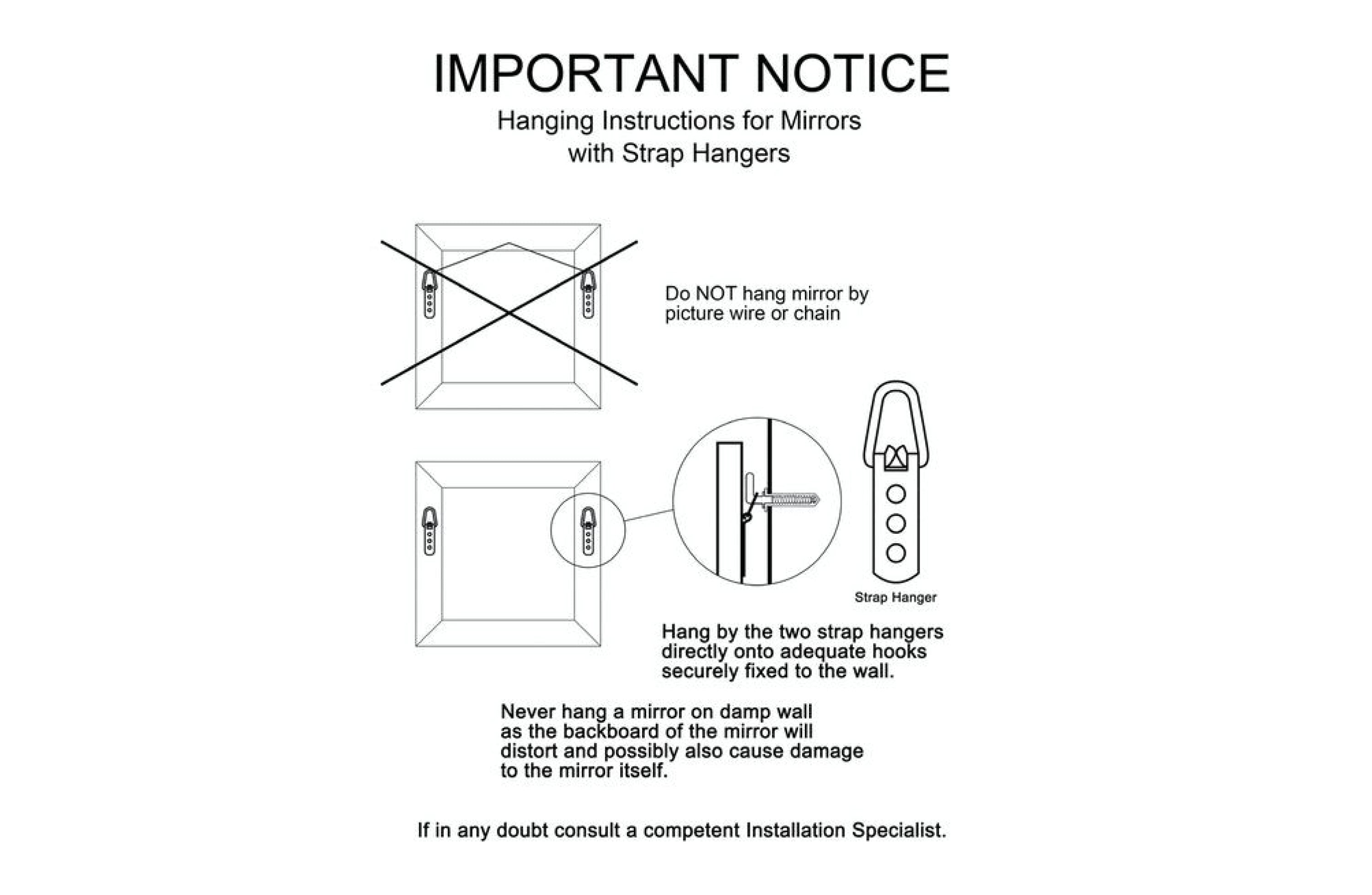 Important notice showing correct hanging method for mirrors using strap hangers, with warning not to use picture wire or chain.