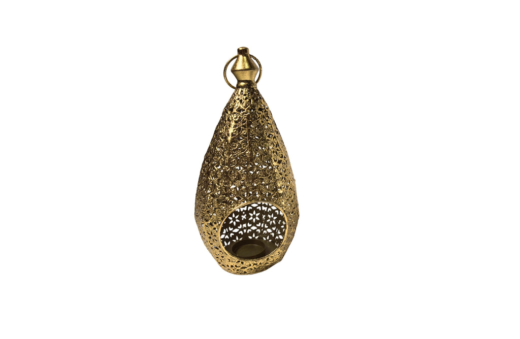 Elegant antique gold Moroccan lantern with cutout pattern and charm.