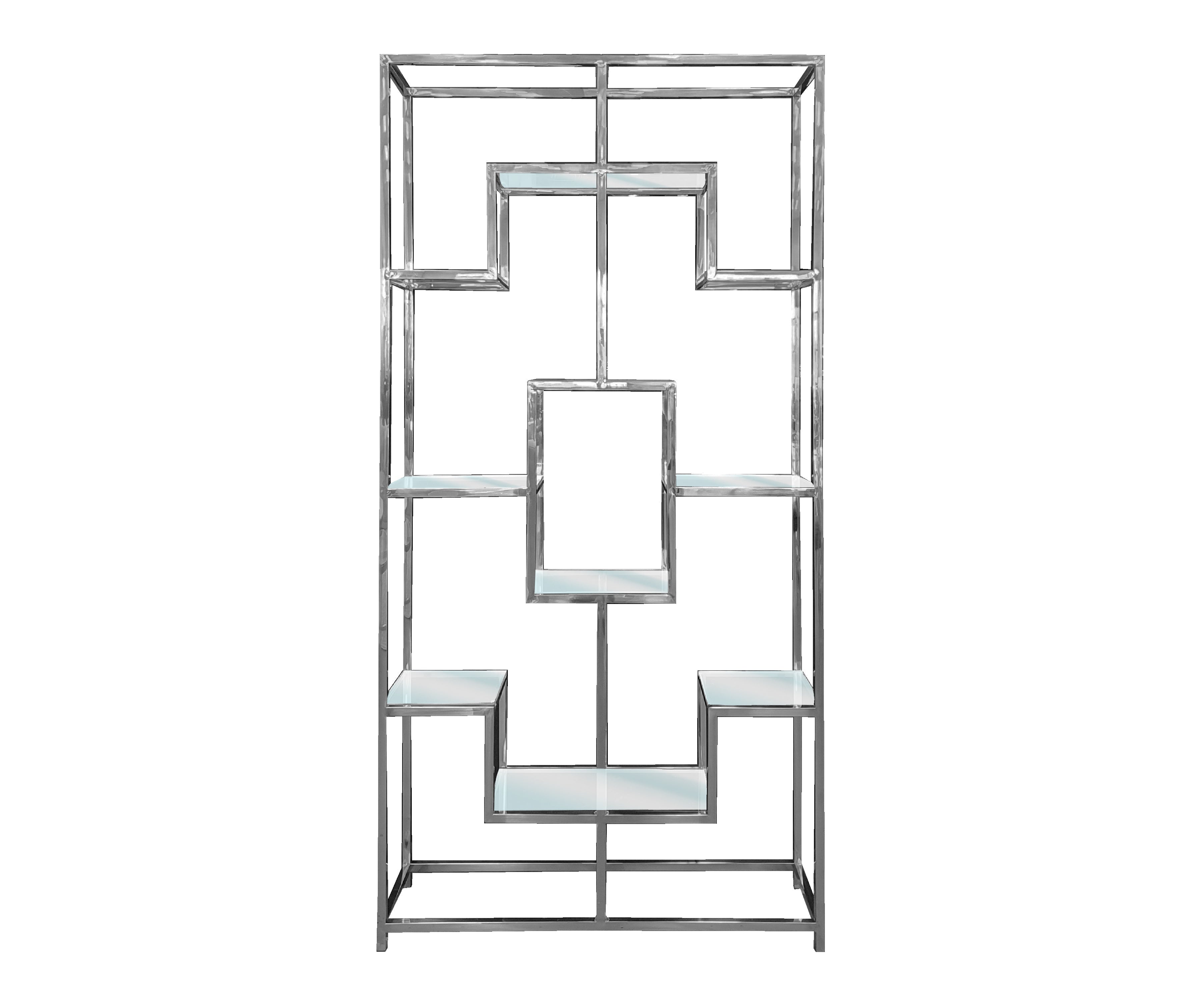 Sleek silver Nelson Bookcase with modern geometric design and glass shelving – ideal for contemporary home décor and elegant storage display.