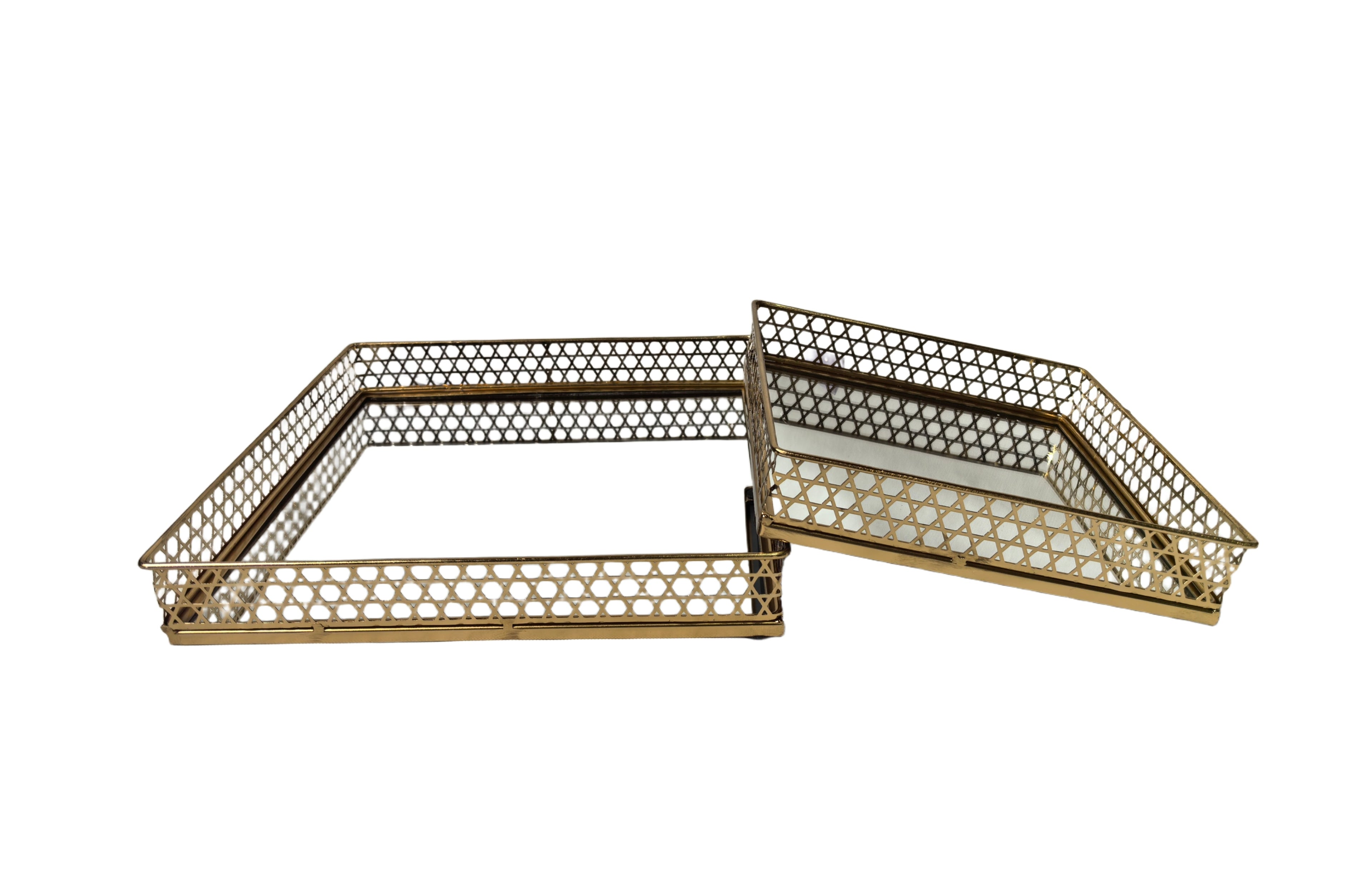 Chic gold rectangle tray set with mirrored base and decorative lattice frame.