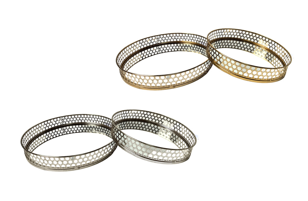 Stylish Nina round tray sets in gold and silver finishes with mirrored bases and lattice design.
